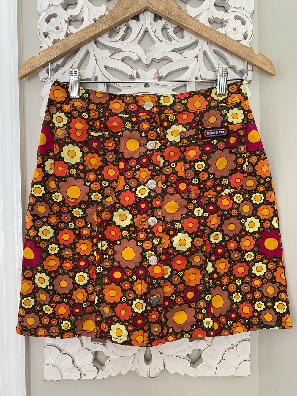 Run & Fly Retro 70s Flower A-line Mini Skirt VTG Hippie Cottagecore Grunge